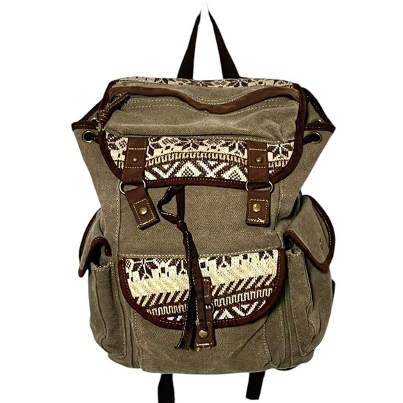 American Rag Canvas Fair Isle Backpack Army Green/Brown - Picture 1 of 7